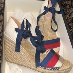 Gucci Red, White & Navy Espadrille Wedge Sandals